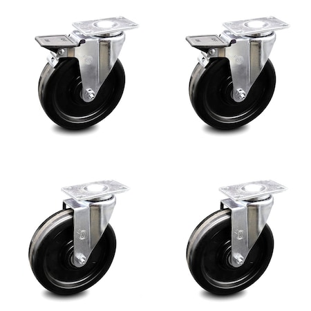Service Caster 6 Inch Phenolic Wheel Swivel Top Plate Caster Set with 2 Brakes SCC-20S615-PHR-2-PLB-2